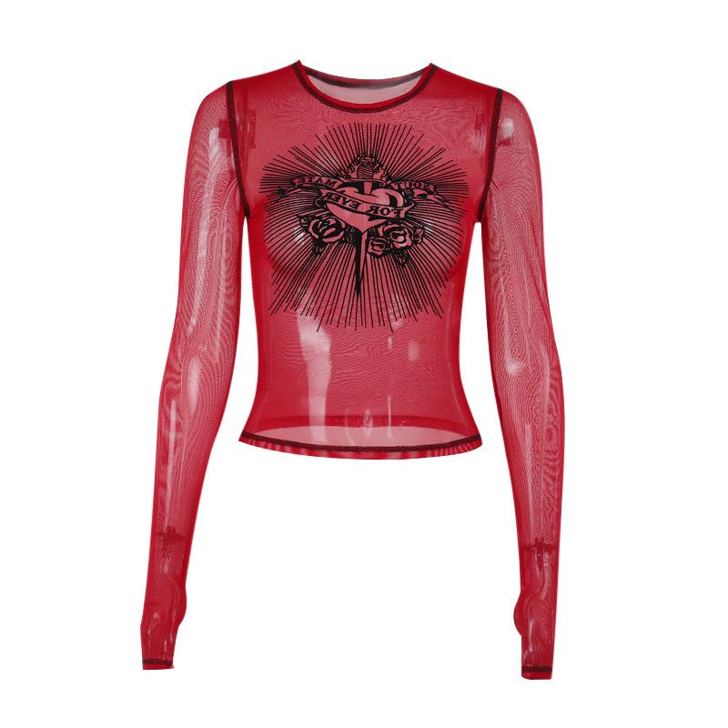 Crewneck long sleeve mesh abstract top