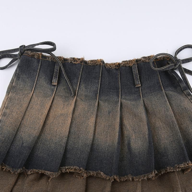 Raw hem pleated contrast self tie denim mini skirt