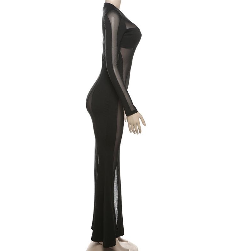Long sleeve crewneck mesh patchwork maxi dress