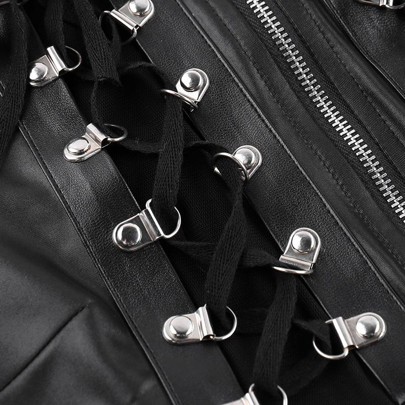 Sleeveless crewneck PU leather lace up zip-up crop top