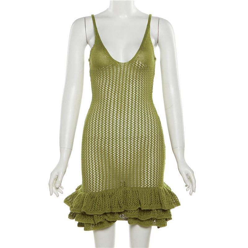 Crochet v neck sleeveless hollow out ruffle mini dress  | red tango dress