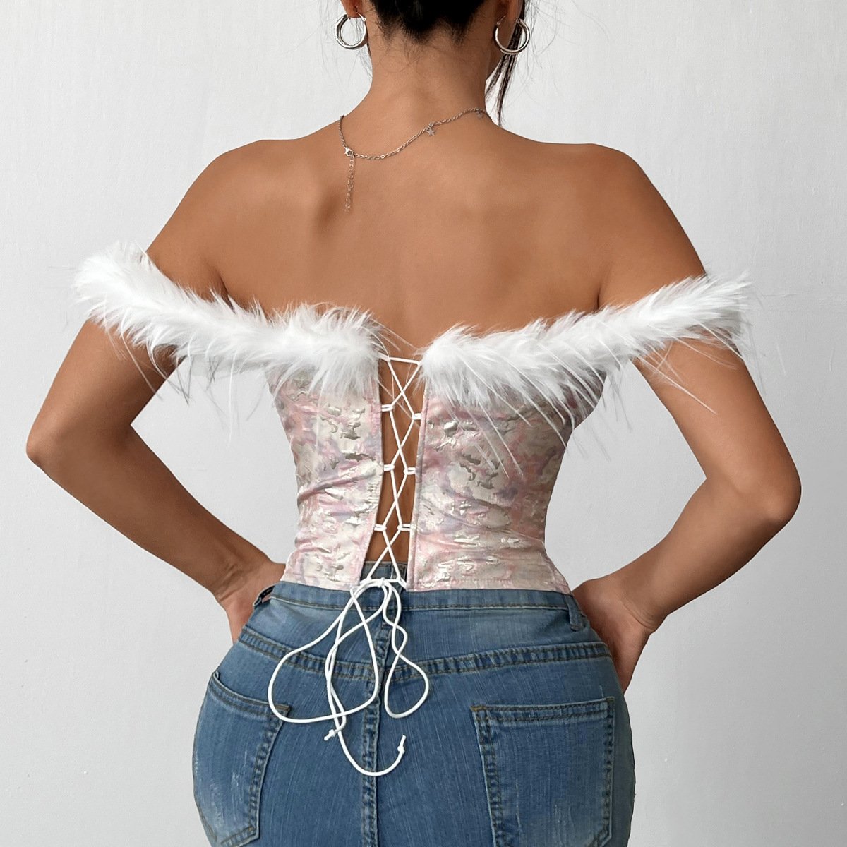 Off shoulder fluffy print corset bowknot top