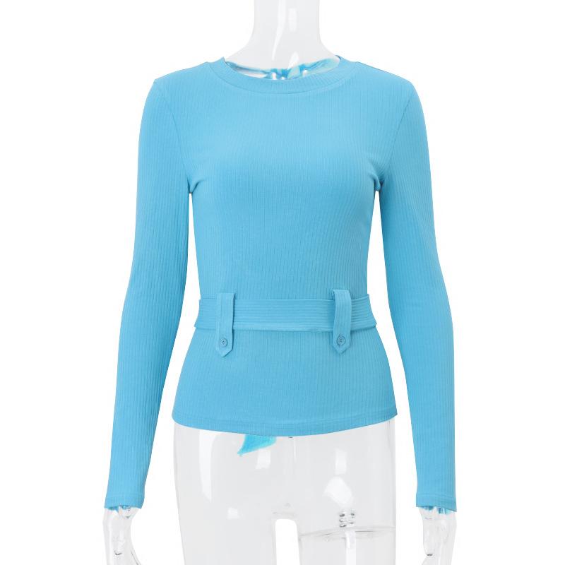 Crewneck long sleeve belt knotted knitted top