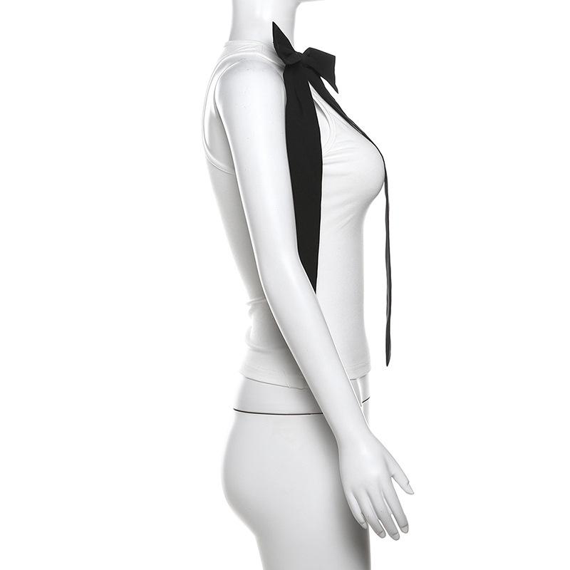 Bowknot crewneck ribbon contrast tank top