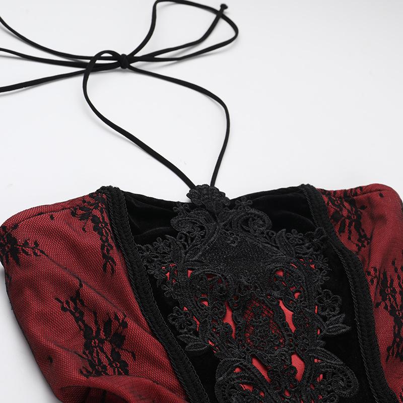 Halter embroidery ruched contrast maxi dress  | red tango dress
