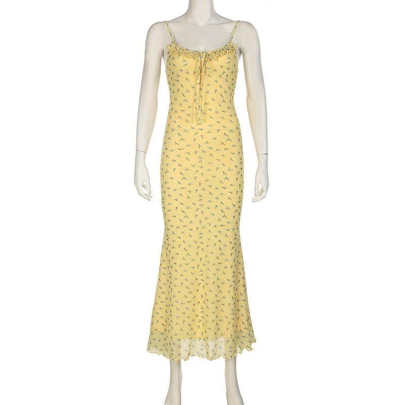 U neck ruffle mesh flower print cami maxi dress