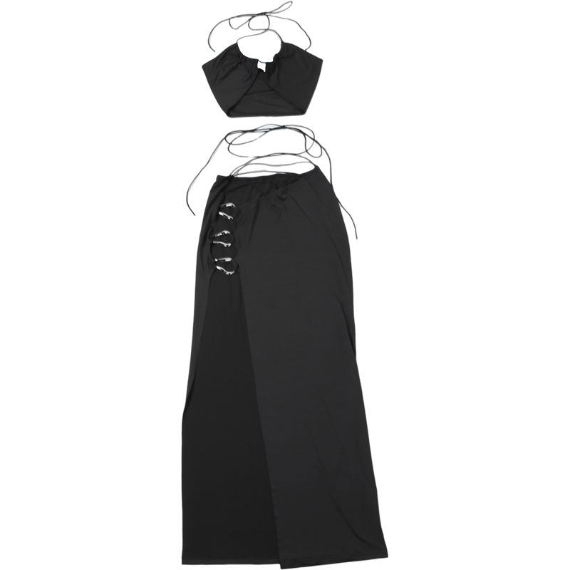 Halter cross front self tie o ring high slit maxi dress  | black rave dress