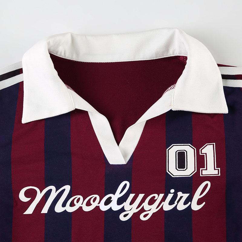 Turnover collar long sleeve striped letter print top