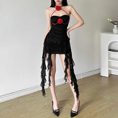 Halter self tie ruched flower applique backless mini dress