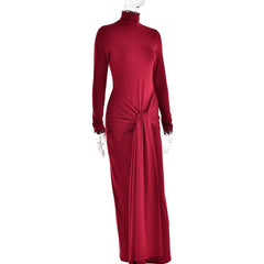 Ruched solid long sleeve turtle neck self tie maxi dress  | red tango dress