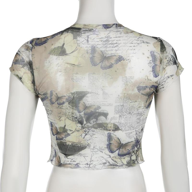 Short sleeve crewneck butterfly print sheer mesh top