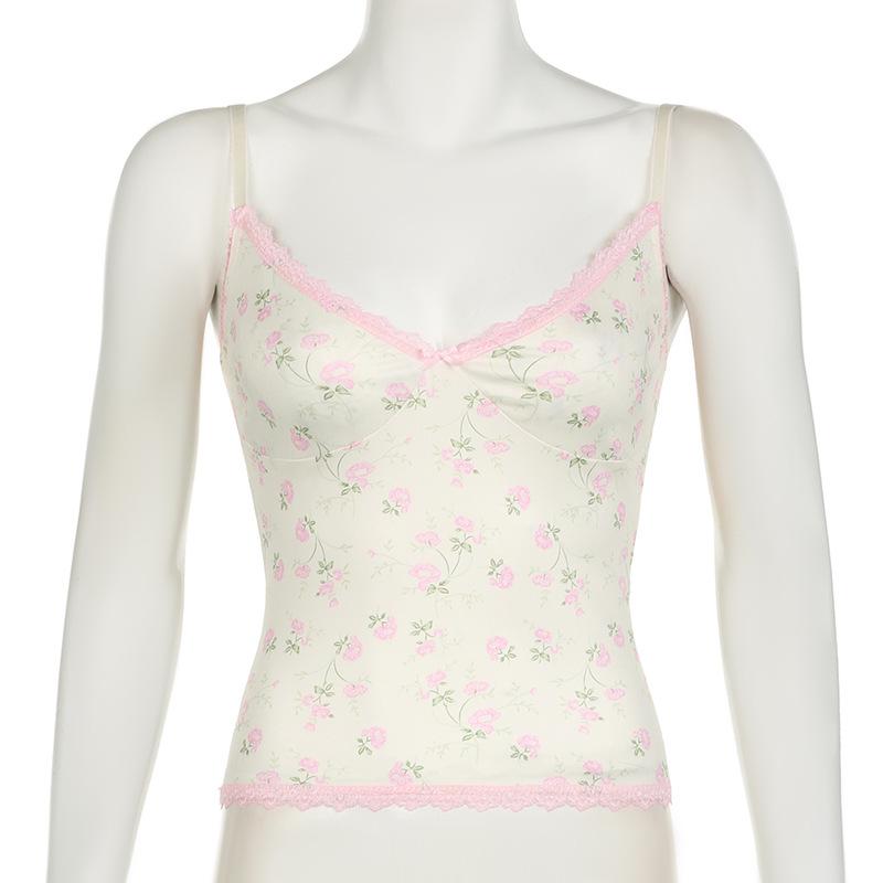 V neck lace hem flower print ruched bowknot cami top