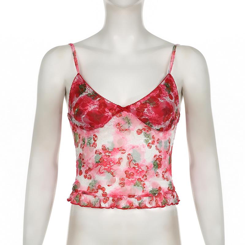 V neck flower print lace see through cami top
