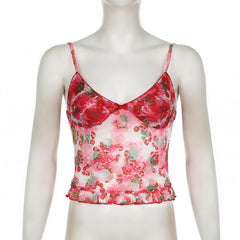 V neck flower print lace see through cami top