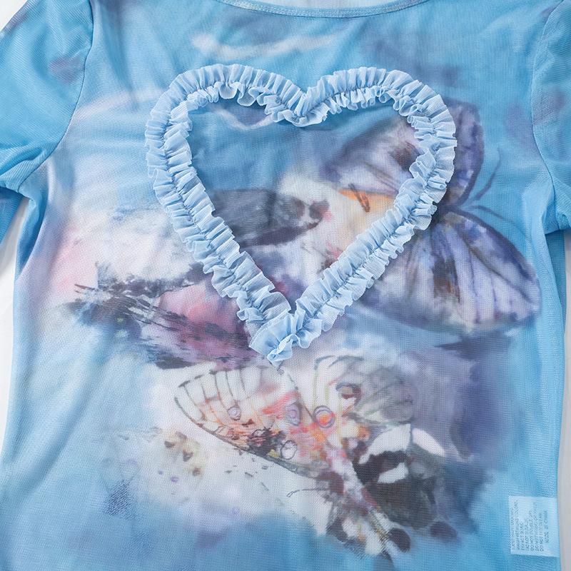 Long sleeve heart pattern ruffle sheer mesh top