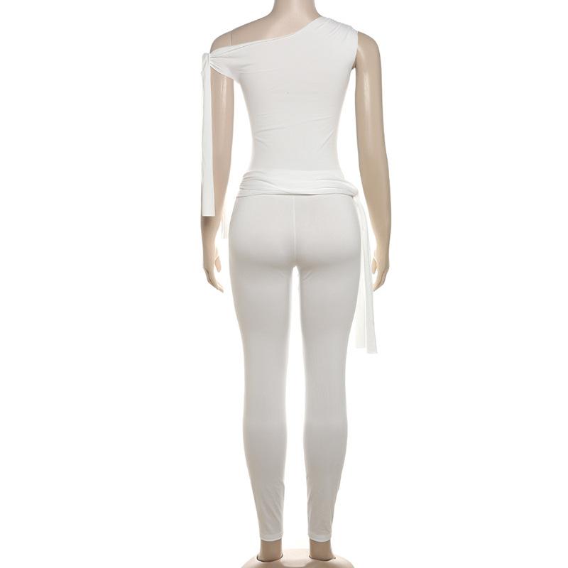 One shoulder self tie irregular solid high rise pant set