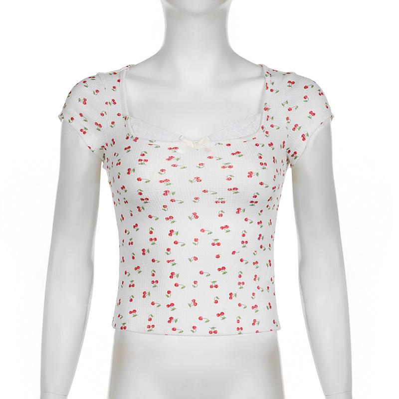 Cap sleeve textured cherry print bowknot lace hem top