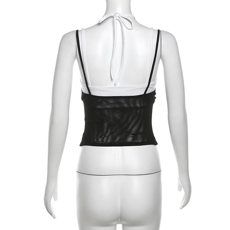 Halter hollow out mesh contrast 2 piece cami top