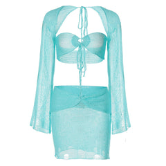 Long sleeve hollow out shrug 3 piece mini skirt set