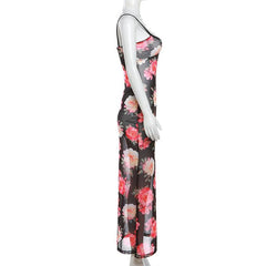 Sheer mesh flower print cami maxi dress  | samba dress