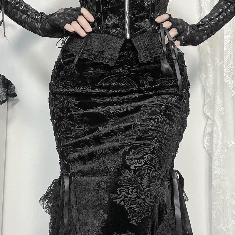 Lace hem lace up zip-up maxi skirt