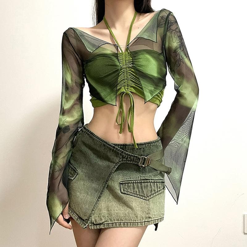 Halter drawstring mesh flared sleeve tie dye 2 piece crop top