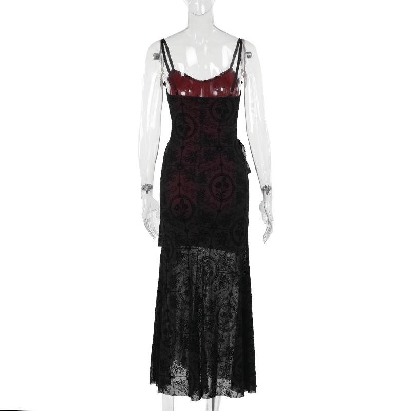 V neck ruffle mesh cami maxi dress  | red tango dress