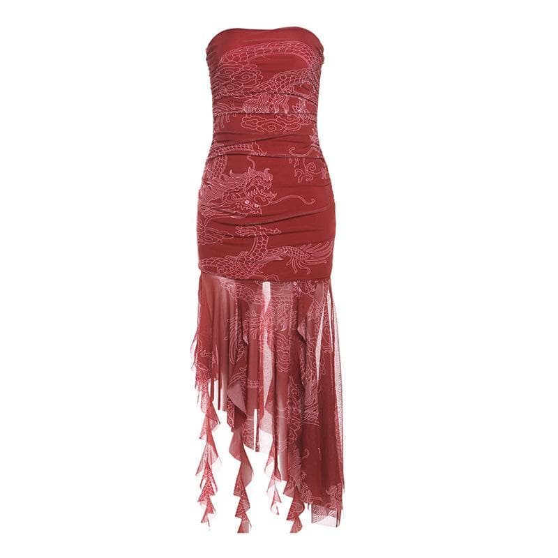 Ruched mesh loong print ruffle tube midi dress  | red tango dress