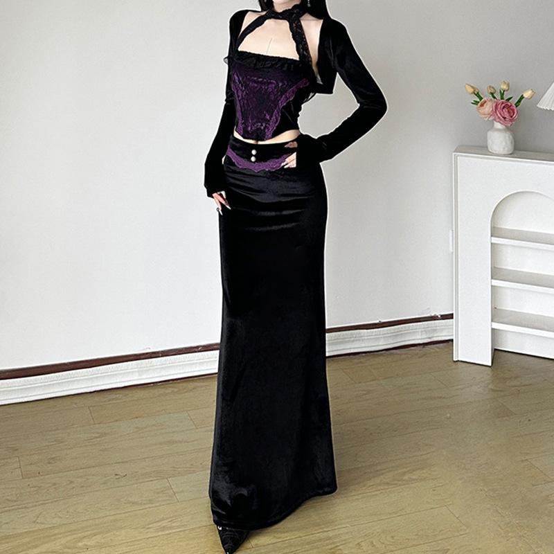 Halter long sleeve velvet lace hem 2 piece top