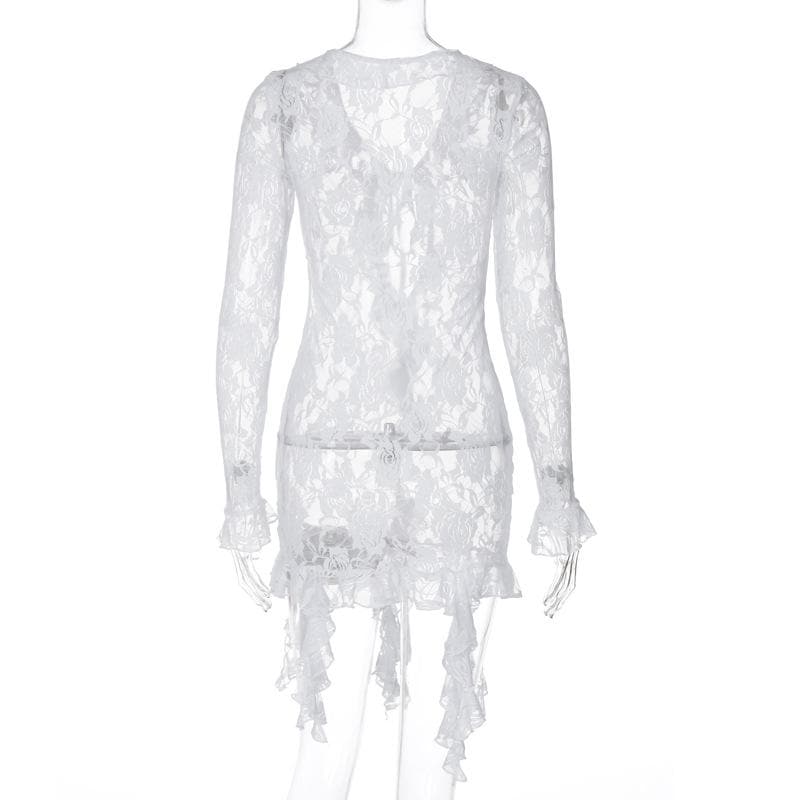 Long flared sleeve ruffle lace see through mini dress  | red tango dress