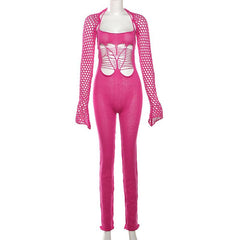 Long sleeve shrug halter knitted hollow out jumpsuit