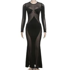 Long sleeve crewneck mesh patchwork maxi dress