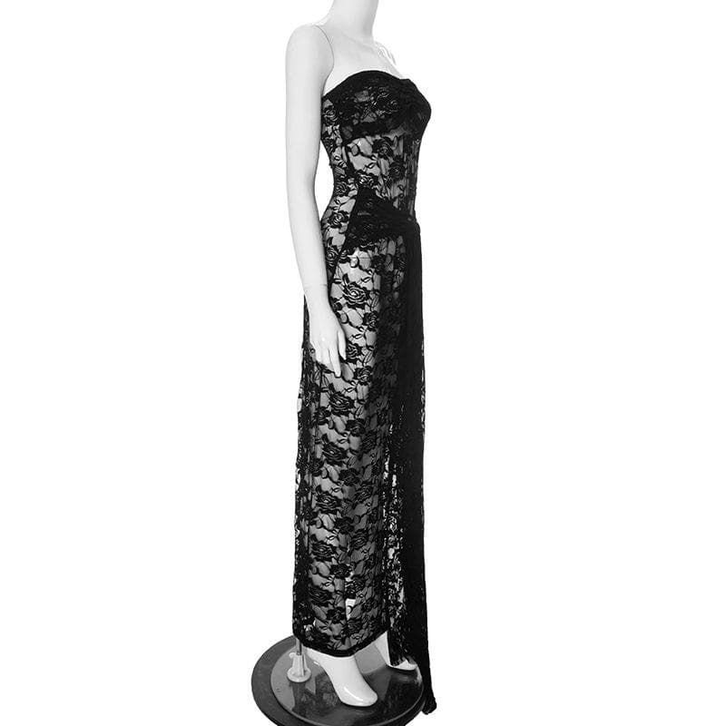 Lace ruched ruffle see through tube maxi dress