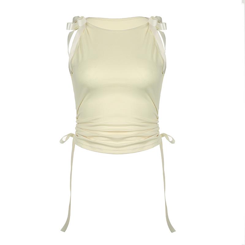 Bowknot ribbon ruched crewneck crop top