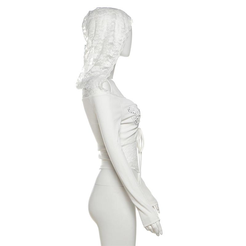Hoodie off shoulder long sleeve lace beaded drawstring top