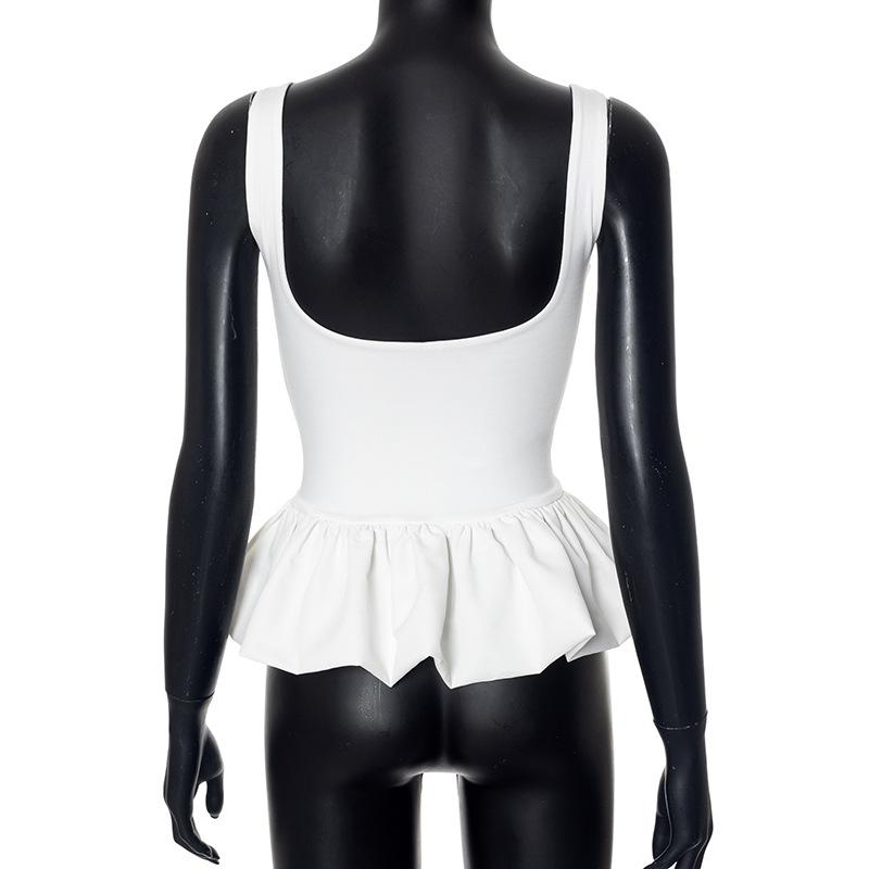 U neck backless ruffle ruched solid tank top
