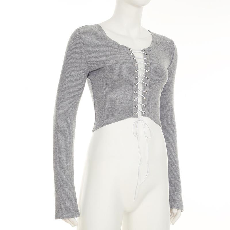 Long sleeve crewneck lace up crop top