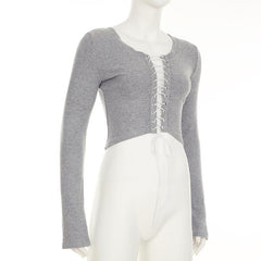 Long sleeve crewneck lace up crop top