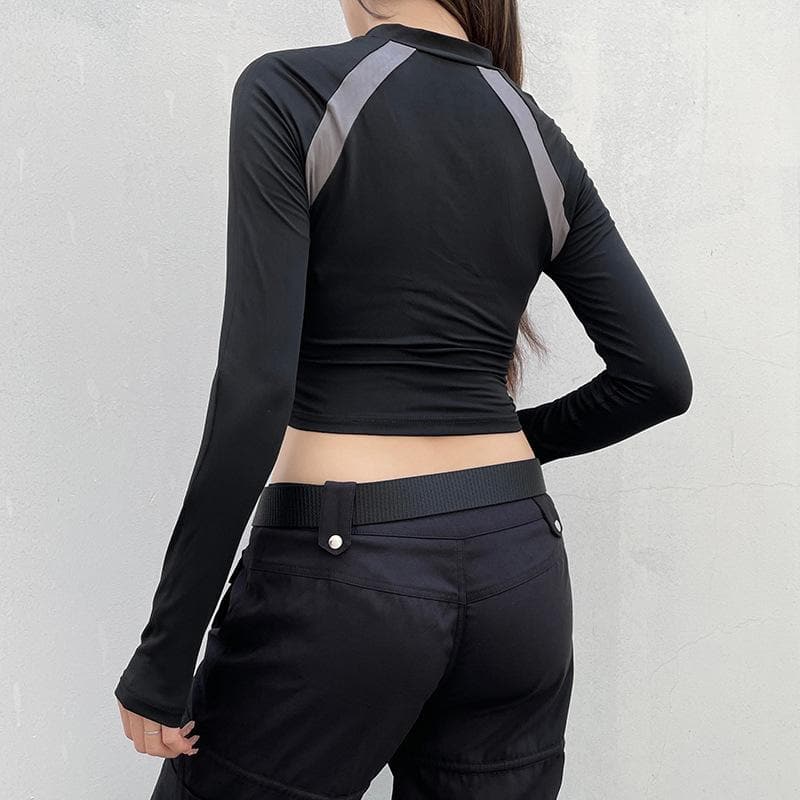 High neck zip-up long sleeve embroidery contrast top