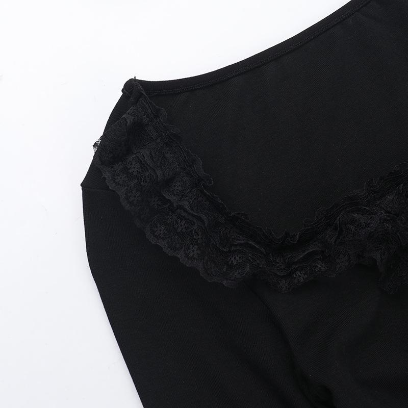 Long sleeve ruffle lace hem necklace top