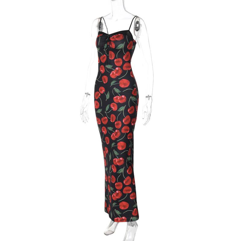 Fruit print lace hem knotted cami maxi dress