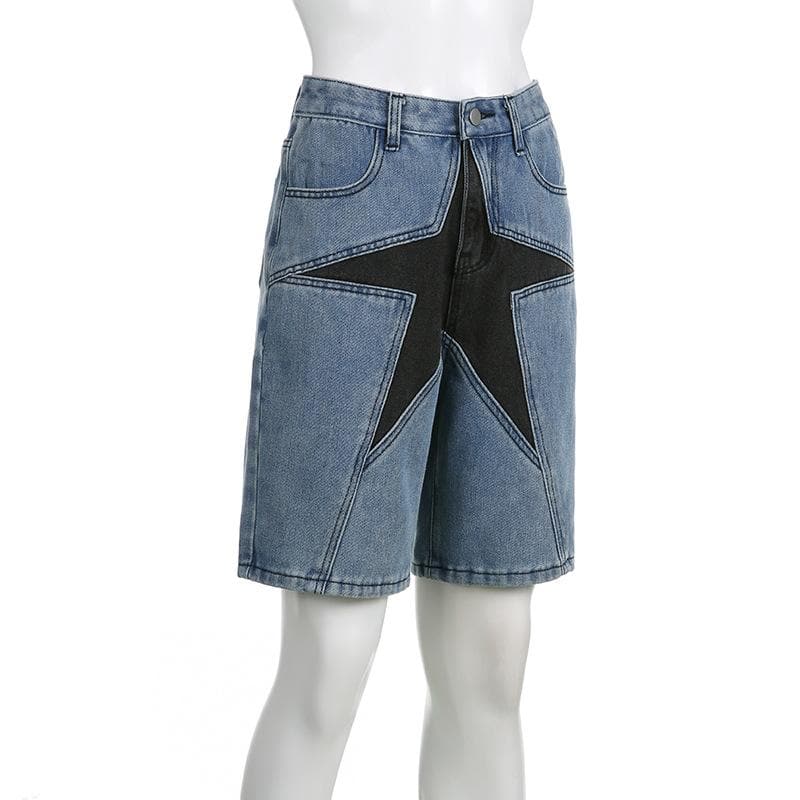 Star patchwork stitch contrast denim shorts