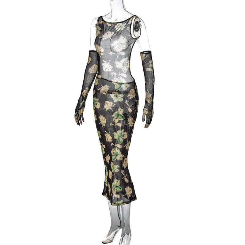 Sheer mesh sleeveless gloves backless flower pattern midi dress  | samba dress