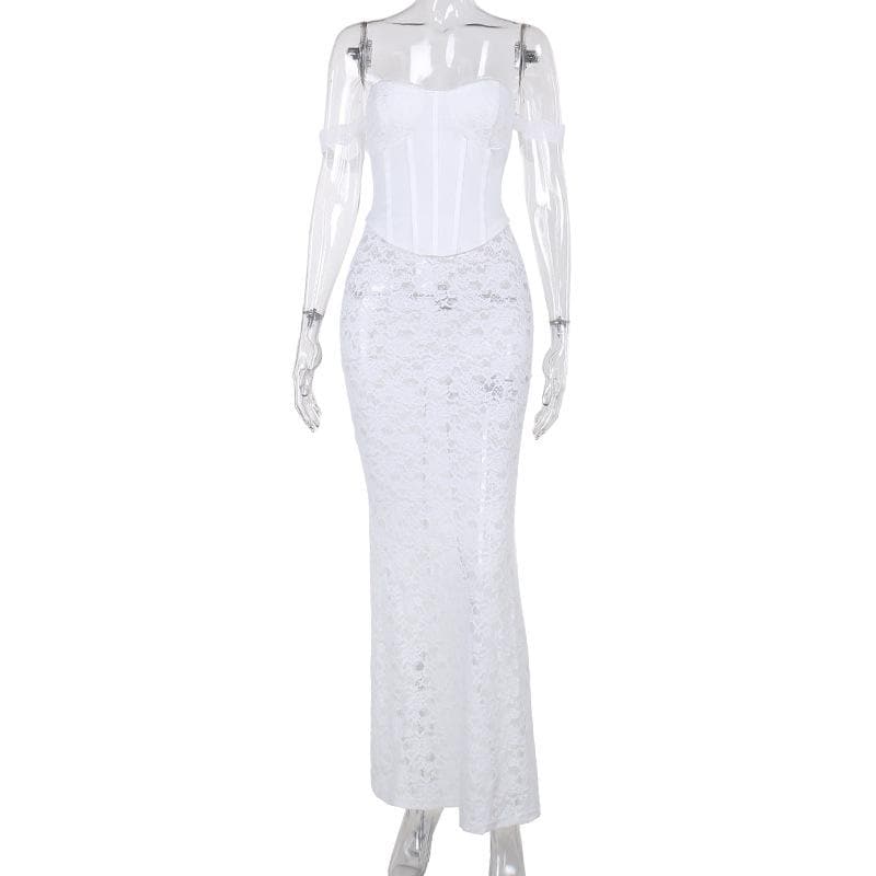 Off shoulder bustier lace see through lace up maxi skirt set