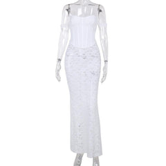 Off shoulder bustier lace see through lace up maxi skirt set
