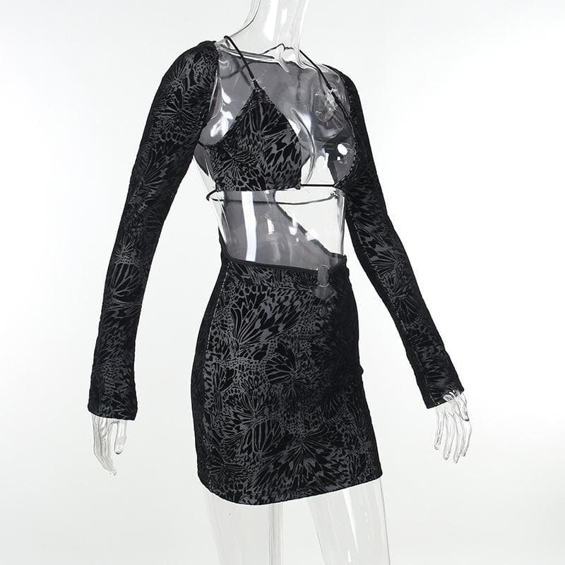 Long sleeve butterfly print o ring 2 piece mini dress