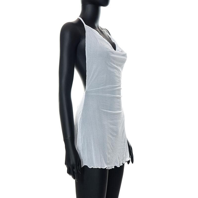 Halter cowl neck sheer mesh ruffle mini dress  | red tango dress  | samba dress