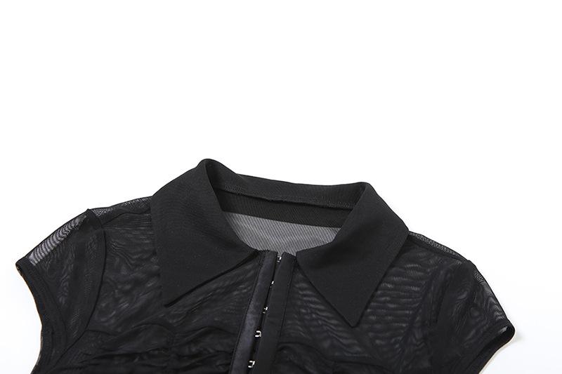 Cap sleeve mesh turnover collar ruched button top