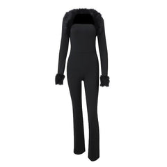 Long sleeve fluffy shrug 2 piece tube jumpsuit