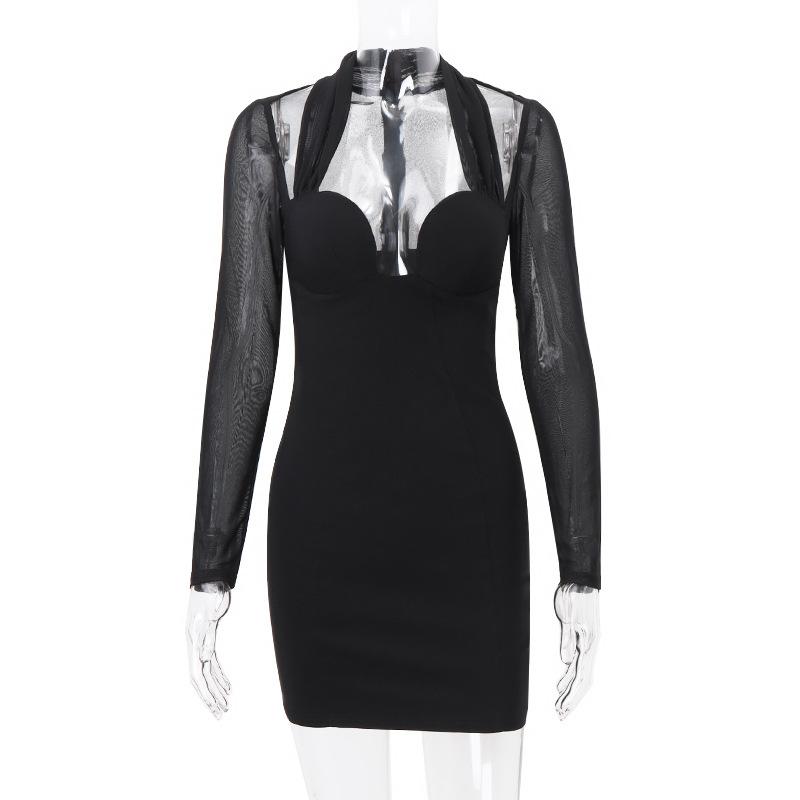 Long sleeve halter mesh zip-up mini dress